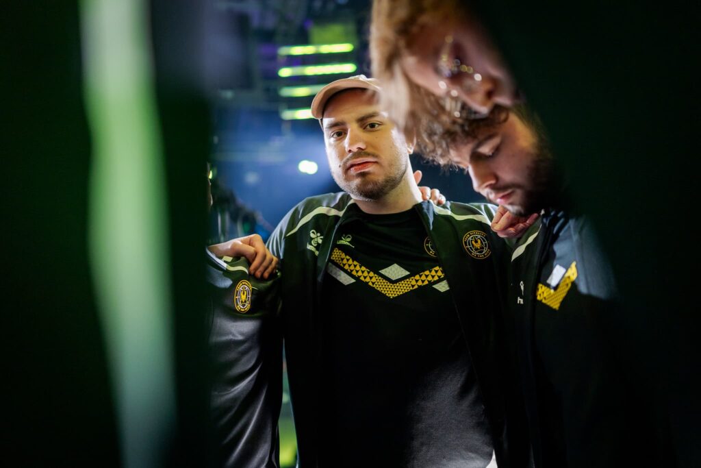 Derke huddles with Team Vitality during the 2025 VCT EMEA 2025 Day 3 at the Riot Games Arena on January 17 2025 in Berlin, Germany 