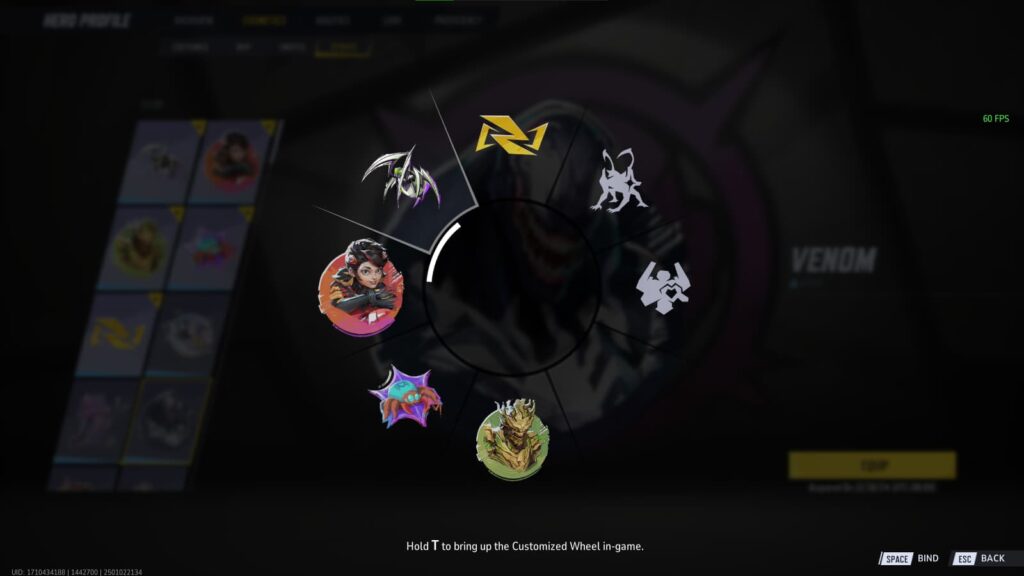 The wheel with a new spray and emote equipped in Marvel Rivals.