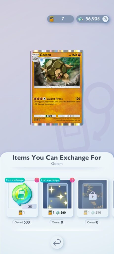 A Golem card with the option to exchange for Trade Tokens in Pokémon TCG Pocket