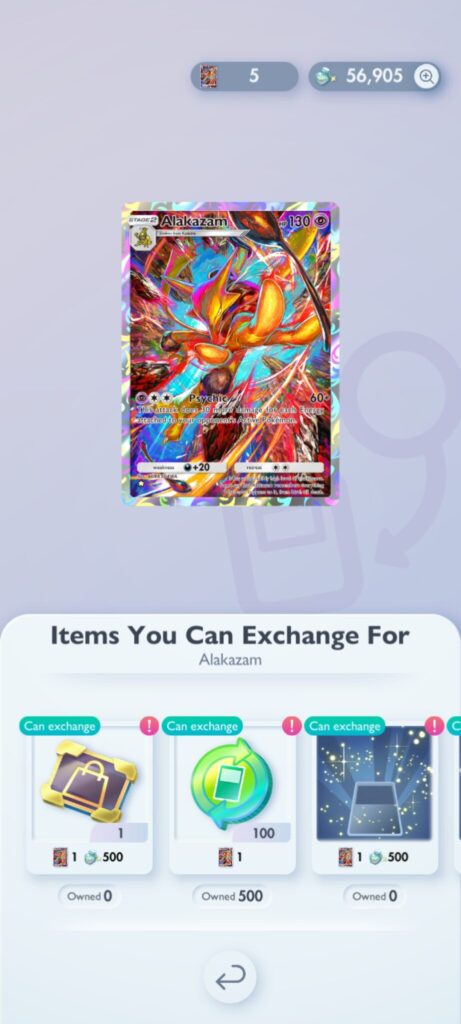 An Alakazam card with the option to exchange for Trade Tokens in Pokémon TCG Pocket