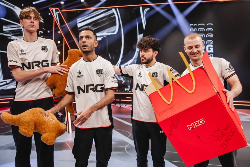 NRG, with FNS throwing nugget pillows, enters the stage at VCT Americas Kickoff on Day 2 of Week 1 at Riot Games Arena on January 17, 2025. 