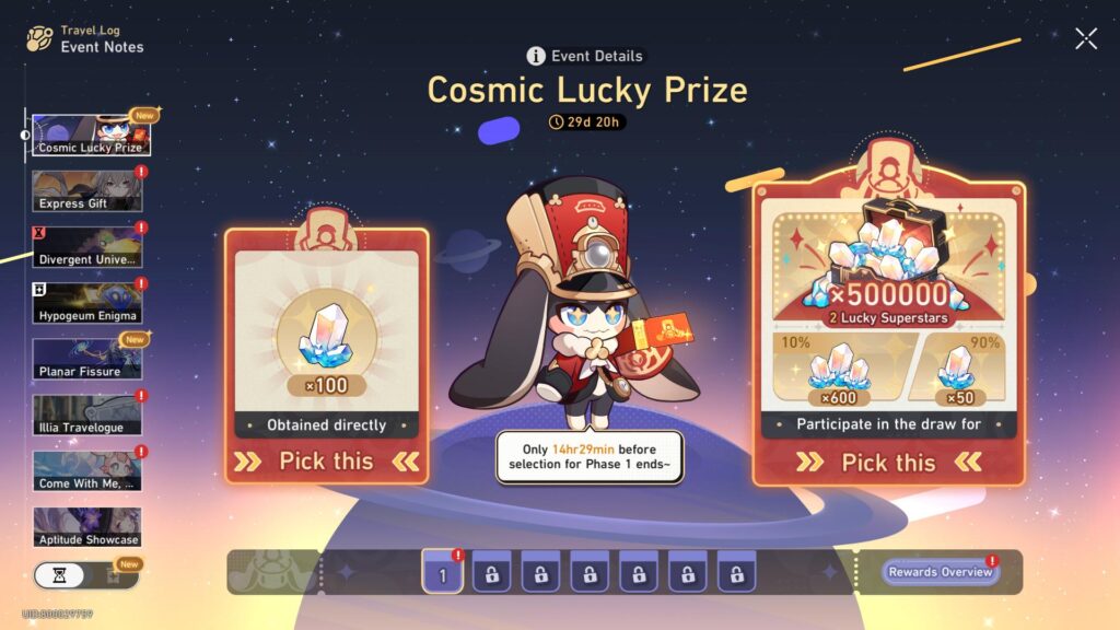 The Cosmic Lucky Prize lottery event in Honkai Star Rail (Screenshot via esports.gg)