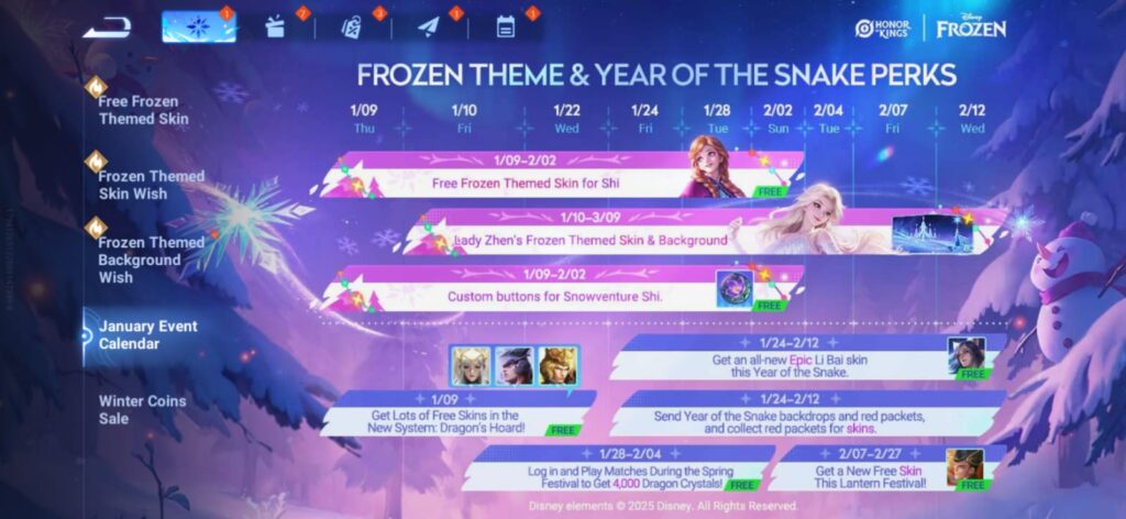 January 2025 event calendar, which shows the Honor of Kings X Disney's Frozen collaboration timeline.