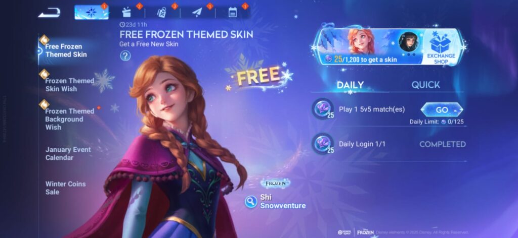 Honor of Kings X Disney's Frozen event page, Free Frozen Themed Skin, where you can get the Shi - Snowventure (Anna) skin.