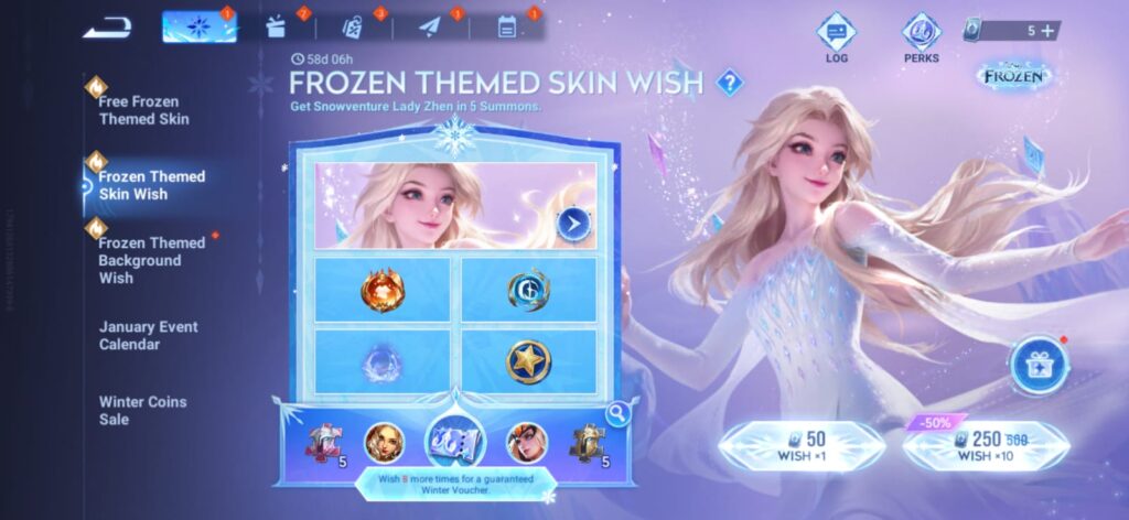 Honor of Kings X Disney's Frozen event page, Frozen Themed Skin Wish, where you can get the Lady Zhen - Snowventure (Elsa) skin.