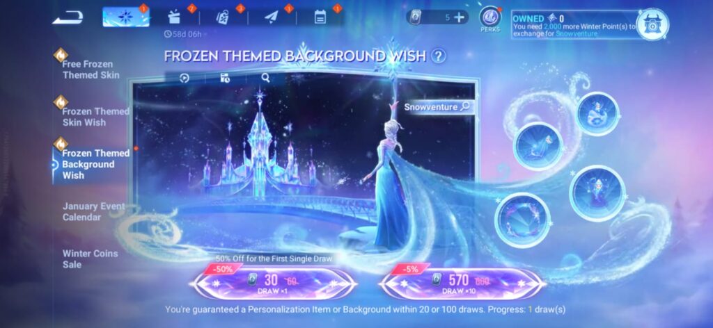 Honor of Kings X Disney's Frozen event page, Frozen Themed Background Wish, where you can get the Snowventure Background Theme.