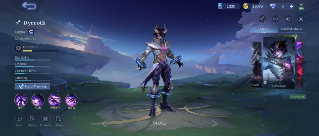 The screenshot from the MOBA game Mobile Legends: Bang Bang shows the Hero Dyrroth