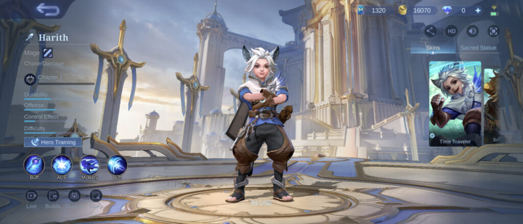 The screenshot from the MOBA game Mobile Legends: Bang Bang shows the Hero Harith