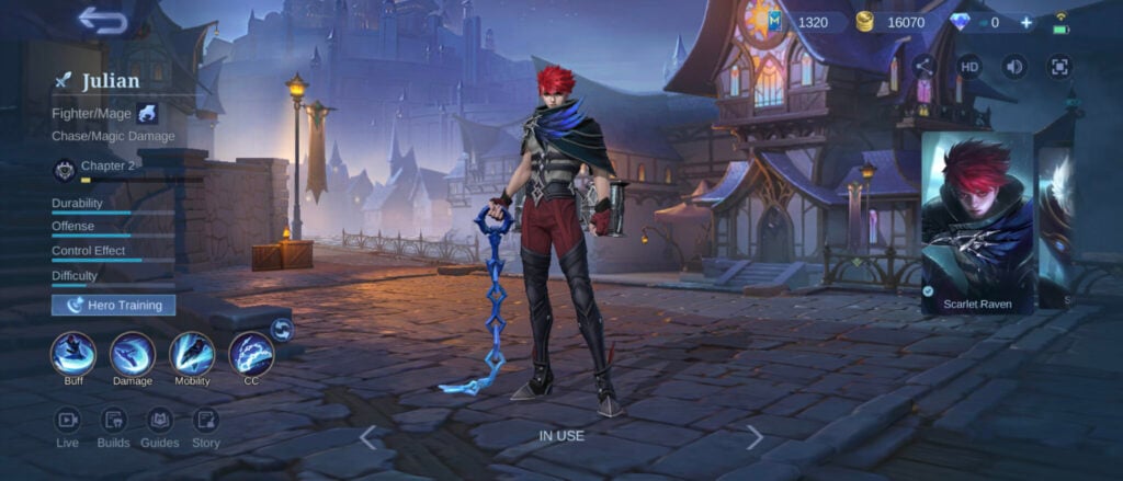 The screenshot from the MOBA game Mobile Legends: Bang Bang shows the Hero Julian