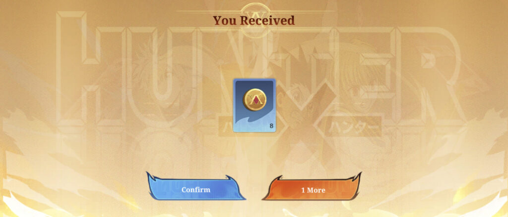 The image is a screenshot from the game Mobile Legends: Bang Bang. It shows a result of a spin, an attempt to receive Hunter´x Hunter items  eight coins dropped