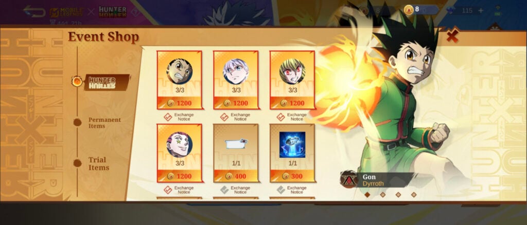 The in-game shop for the event MLBB Hunter x Hunter: skins of anime characters in the mobile MOBA game