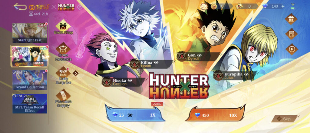 The screenshot from the game Mobile Legends: Bang Bang shows the event page for MLBB Hunter x Hunter