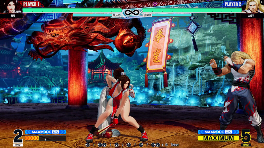 It’s a screenshot from the game The King of Fighters XV. It shows the training mode with the characters Mai Shiranui and Andy Bogard.