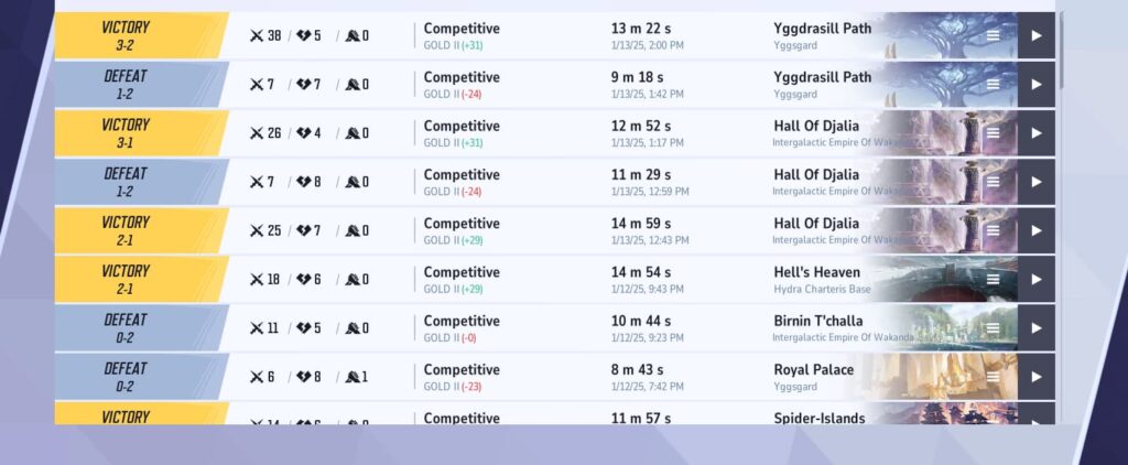 A list of games played in the match history section of Marvel Rivals.