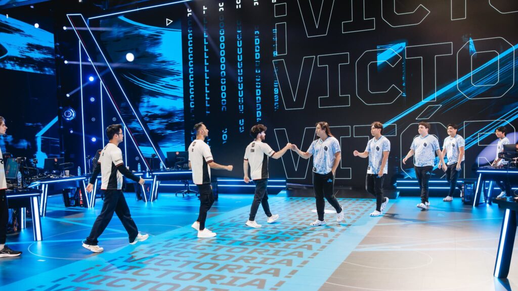 NRG (L) and Cloud9 shake hands at VCT Americas Kickoff on Day 2 of Week 1 at Riot Games Arena on January 17, 2025. 