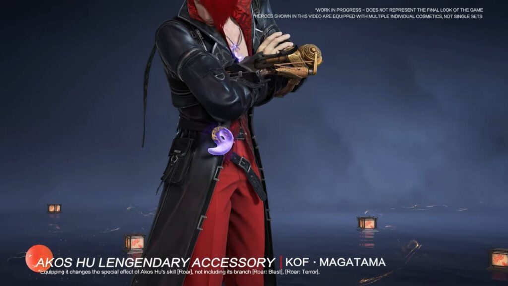 It’s a screenshot of the King of Fighters character Iori Yagami in the fighting battle royale game Naraka: Bladepoint — demonstration of the Akos Hu legendary accessory