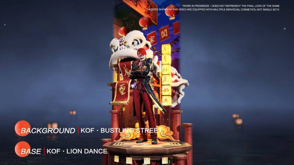 It’s a screenshot of the King of Fighters character Iori Yagami in the fighting battle royale game Naraka: Bladepoint — demonstration of the Bustling Street background and Lion Dance base