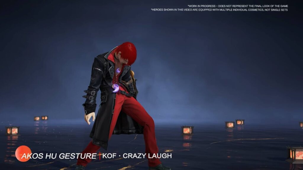 It’s a screenshot of the King of Fighters character Iori Yagami in the fighting battle royale game Naraka: Bladepoint — demonstration of the Crazy Laugh gesture