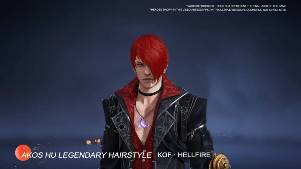 It’s a screenshot of the King of Fighters character Iori Yagami in the fighting battle royale game Naraka: Bladepoint — demonstration of the Akos Hu legendary hairstyle