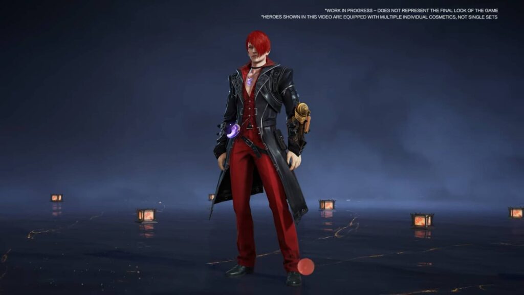 It’s a screenshot of the King of Fighters character Iori Yagami in the fighting battle royale game Naraka: Bladepoint — demonstration of the Akos Hu legendary outfit