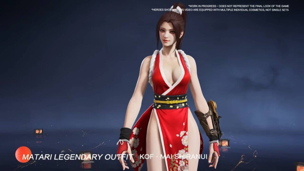 It’s a screenshot of the King of Fighters character Mai Shiranui in the fighting battle royale game Naraka: Bladepoint — demonstration of the Matari Legendary Outfit