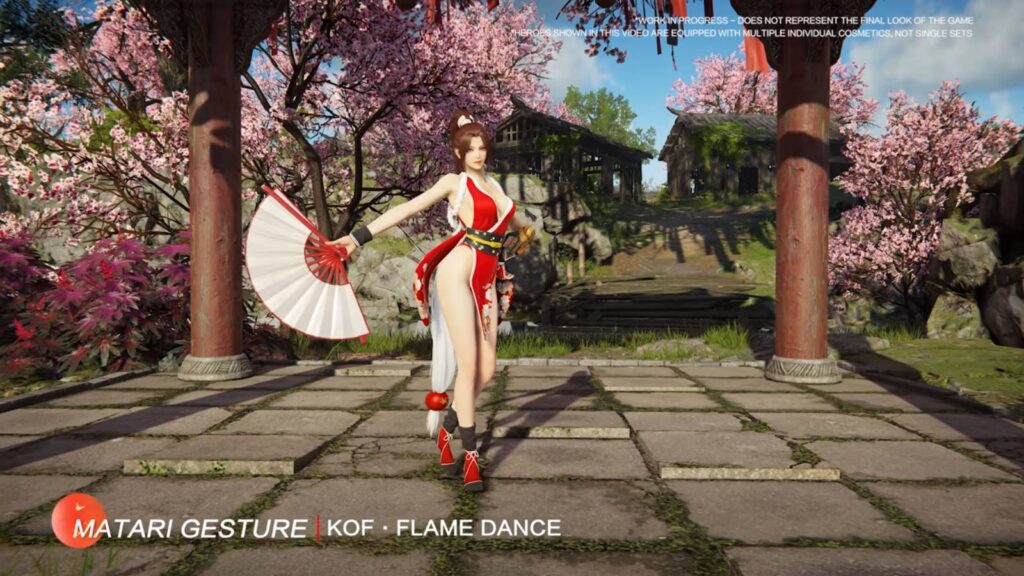 It’s a screenshot of the King of Fighters character Mai Shiranui in the fighting battle royale game Naraka: Bladepoint — demonstration of the Flame Dance gesture