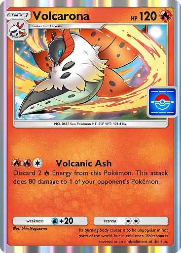 The image shows the card Volcarona in the game Pokémon TCG Pocket