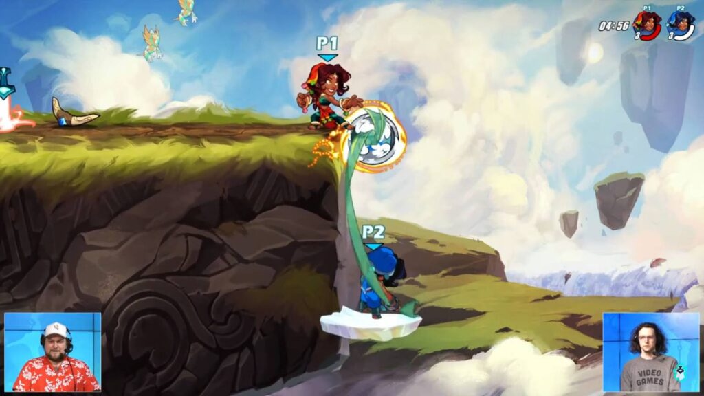 The screenshot from the platform fighting game Brawlhalla shows the offstage use of the Neutral Signature attack by the new Legend Priya on the new weapon Chakram.