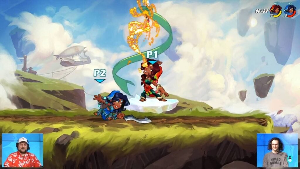 The screenshot from the platform fighting game Brawlhalla shows the use of the Down Signature attack by the new Legend Priya - when she is on Sword.