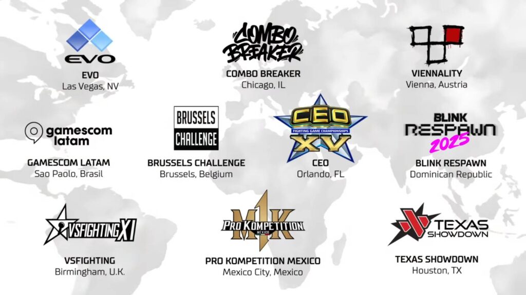 It’s a screenshot from the official Pro Kompetition Season 2 trailer. It shows logos of all fighting games esports events that are part of the MK1 league in 2025.