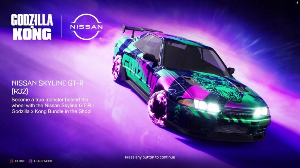 It’s a screenshot from the game Rocket League: the car Nissan Skyline GT-R (R32) with the Godzilla decal and wheels.