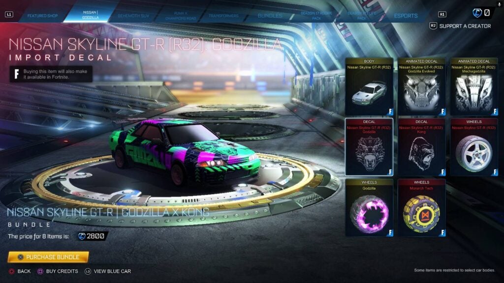 The screenshot from Rocket League shows the decal Godzilla for the RL car Nissan Skyline GT-R (R32).