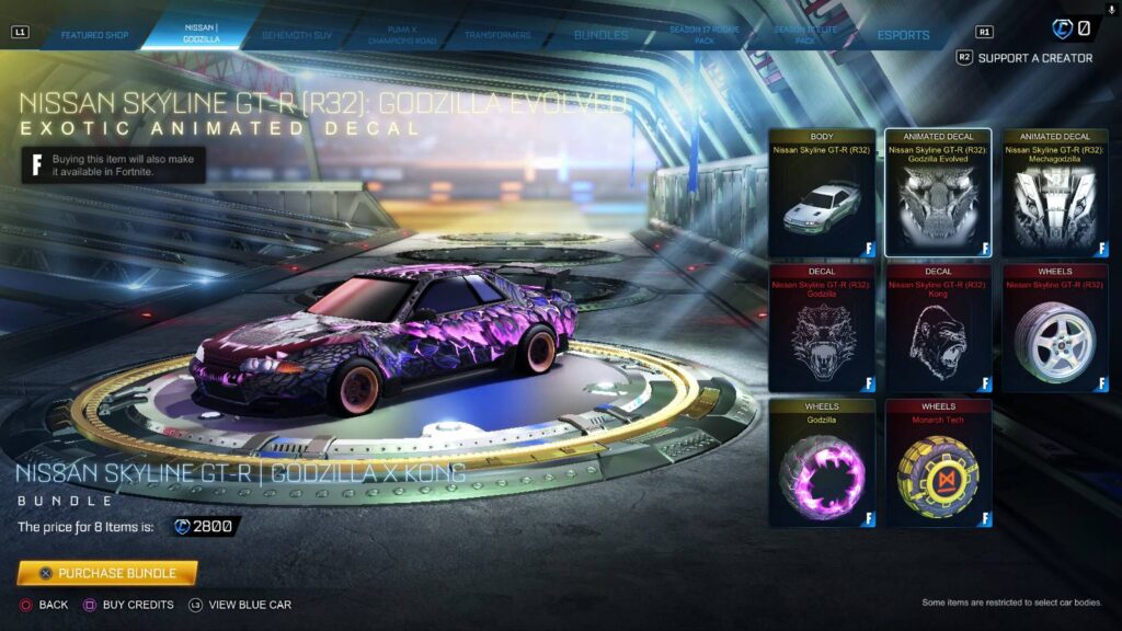 The screenshot from Rocket League shows the animated decal Godzilla Evolved for the RL car Nissan Skyline GT-R (R32).