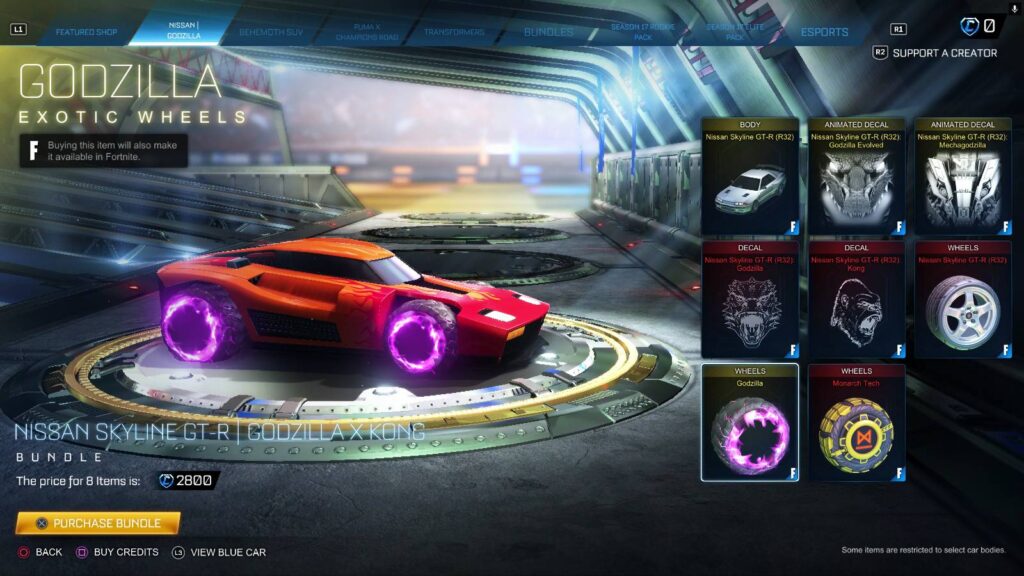 The screenshot from Rocket League shows the wheels Godzilla in the game shop: the set is part of the Nissan Skyline GT-R | Godzilla x Kong bundle