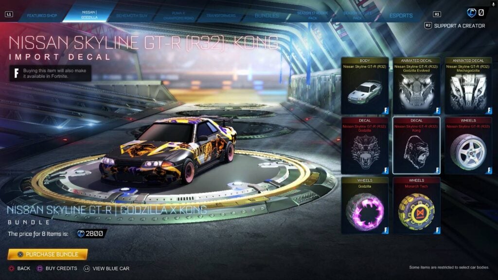 The screenshot from Rocket League shows the decal Kong for the RL car Nissan Skyline GT-R (R32).