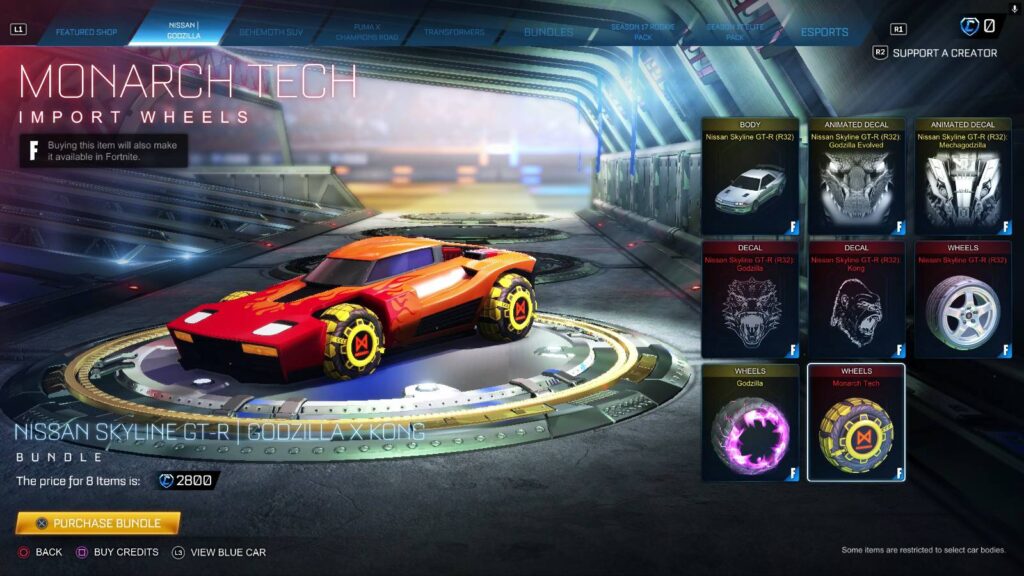 The screenshot from Rocket League shows the wheels Monarch Tech in the game shop: the set is part of the Nissan Skyline GT-R | Godzilla x Kong bundle.
