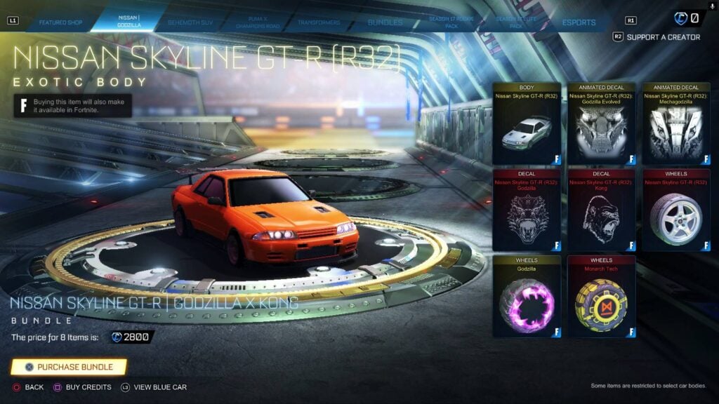 The screenshot from Rocket League shows the exotic car body of the Nissan Skyline GT-R (R32) in the game shop.