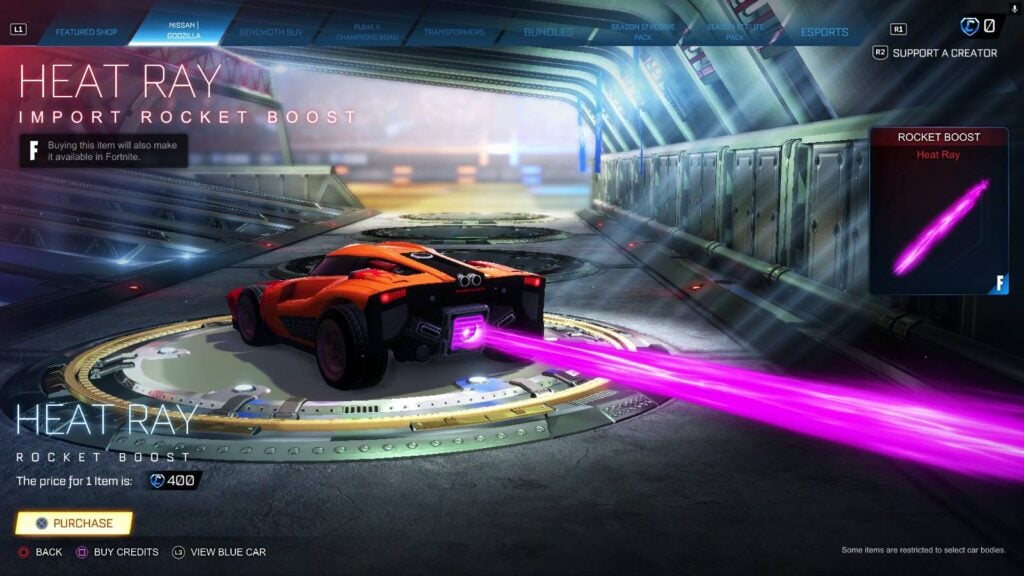 The rocket boost Heat Ray: It’s part of the Rocket Leauge Nissan Skyline GT-R | Godzilla x Kong bundle.