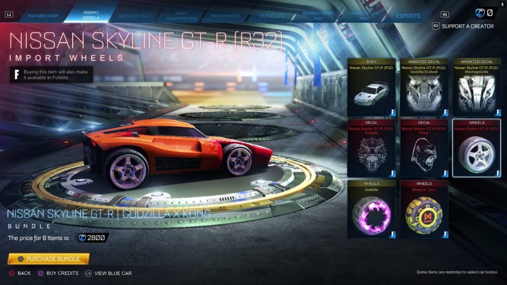 The screenshot from Rocket League shows the wheels Nissan Skyline GT-R (R32) in the game shop.