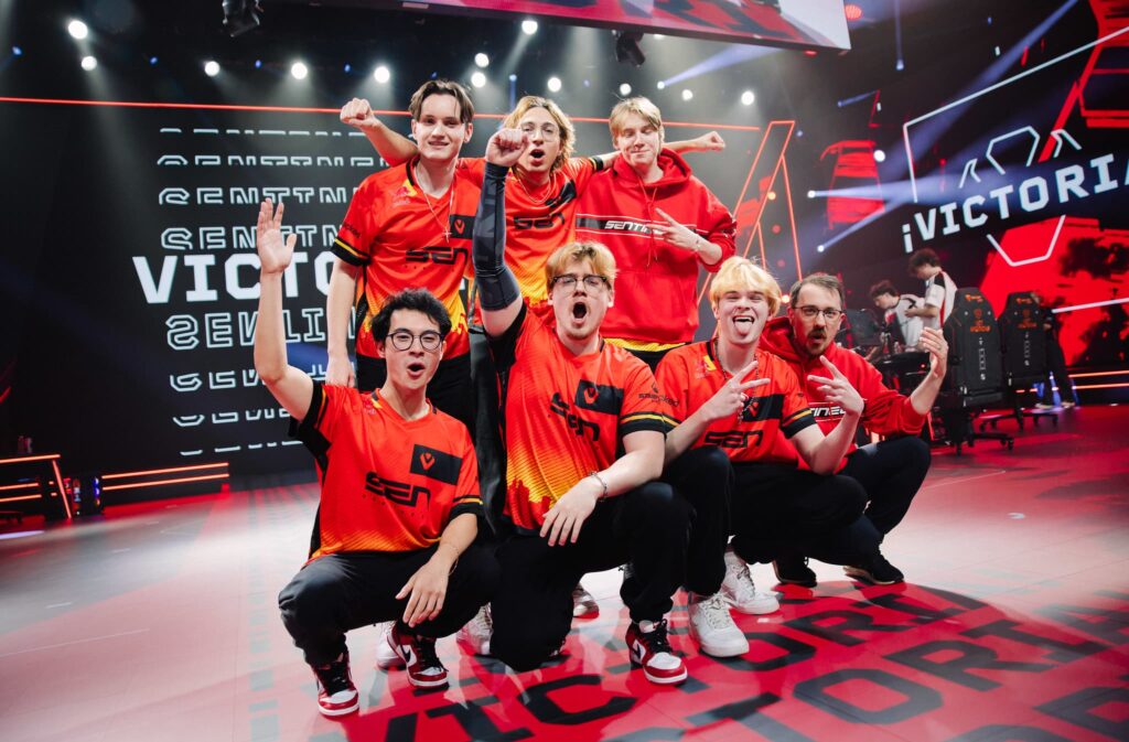 Sentinels pose onstage after victory against 100 Thieves during Week 1 Day 3 of 2024 VCT Americas Kickoff at the Riot Games Arena on January 18, 2023. 
