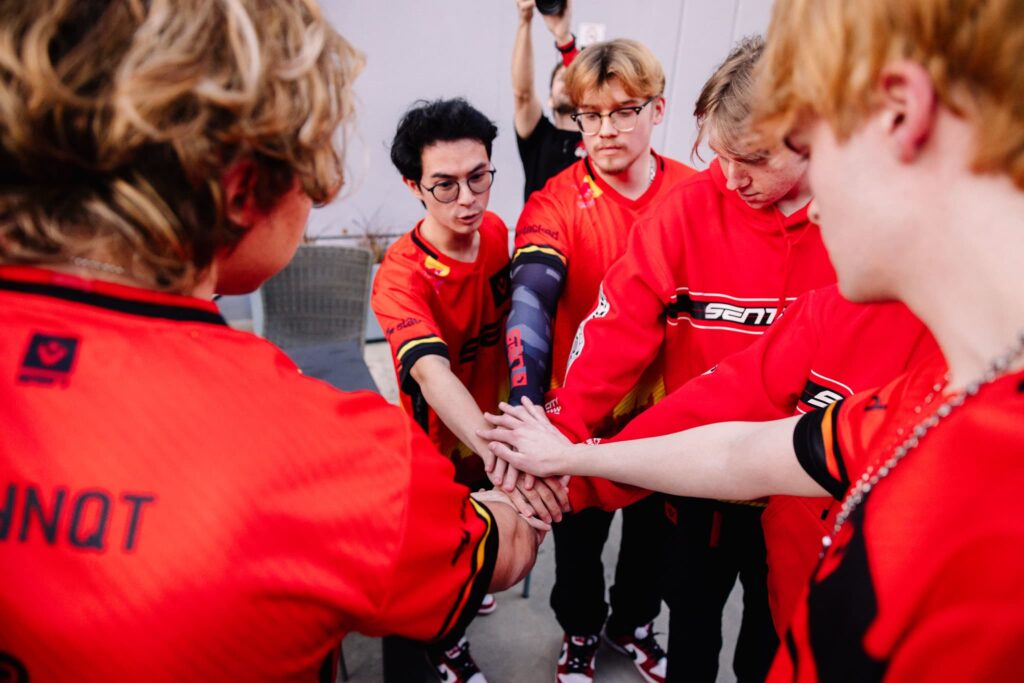 Sentinels huddle back stage during Week 1 Day 3 of 2024 VCT Americas Kickoff at the Riot Games Arena on January 18, 2023. 