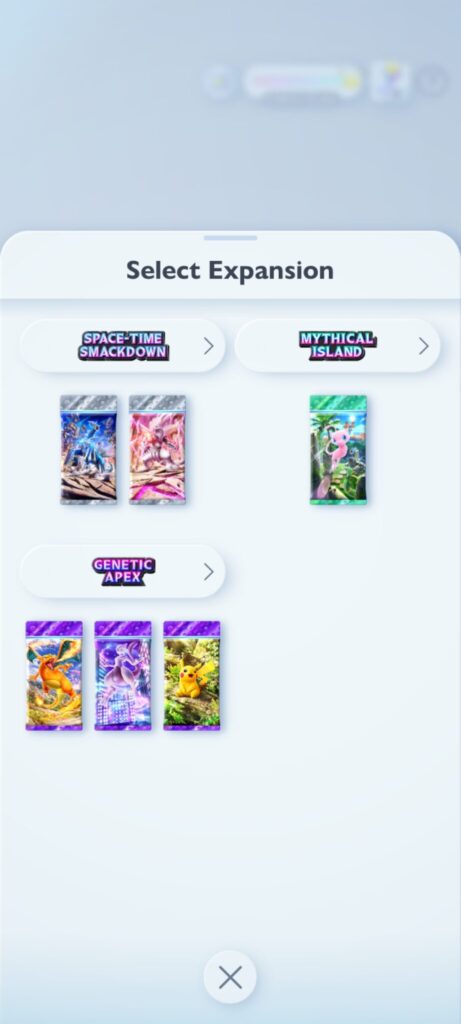Selecting older expansion packs in Pokémon TCG Pocket