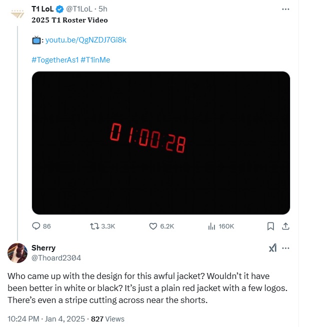 A fan commented on T1's 2025 jacket design:

"Who came up with the design for this awful jacket? Wouldn’t it have been better in white or black? It’s just a plain red jacket with a few logos. There’s even a stripe cutting across near the shorts."