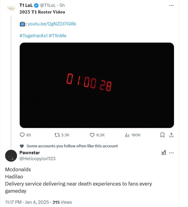 A fan commented on T1's 2025 jacket design:

"Mcdonalds
Hadilao
Delivery service delivering near death experiences to fans every gameday"