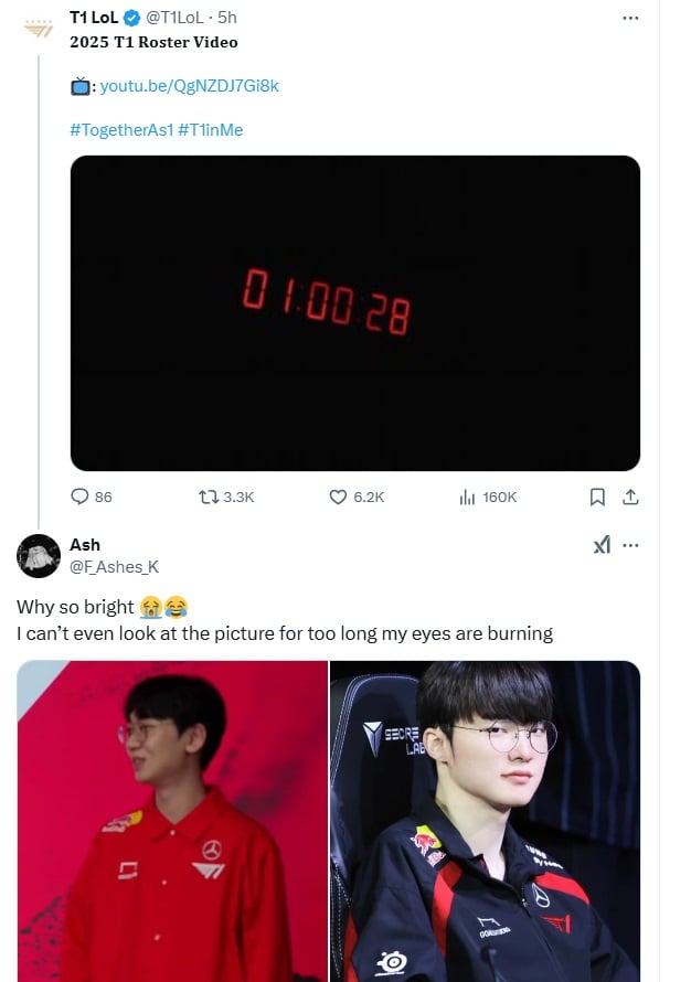 A fan commented on T1's 2025 jacket design:

"Why so bright ??
I can’t even look at the picture for too long my eyes are burning"