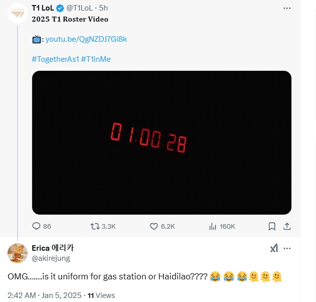 A fan commented on T1's 2025 jacket design:

"OMG…….is it uniform for gas station or Haidilao???? ? ? ????"