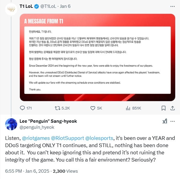 T1 fan responded on the DDoS attack:

"Listen, @riotgames @RiotSupport @lolesports, it's been over a YEAR and DDoS targeting ONLY T1 continues, and STILL, nothing has been done about it.  You can’t keep ignoring this and pretend it’s not ruining the integrity of the game. You call this a fair environment? Seriously?"