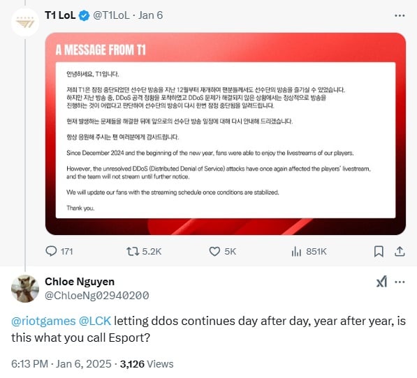 T1 fan responded on the DDoS attack:

"@riotgames
 
@LCK letting ddos continues day after day, year after year, is this what you call Esport?"