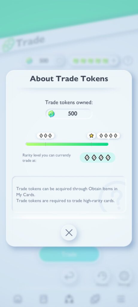 An About Trade Tokens popup in Pokémon TCG Pocket
