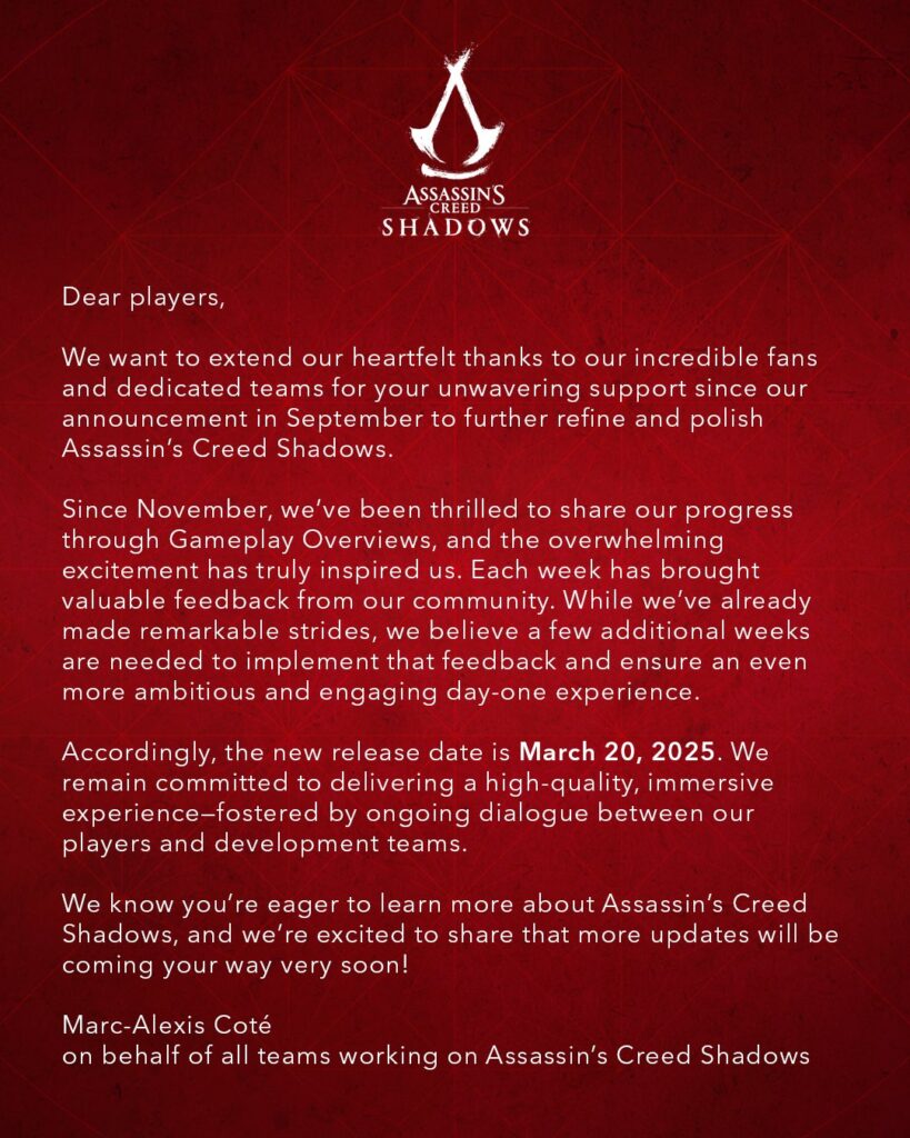 Assassin's Creed Shadows delay announcement